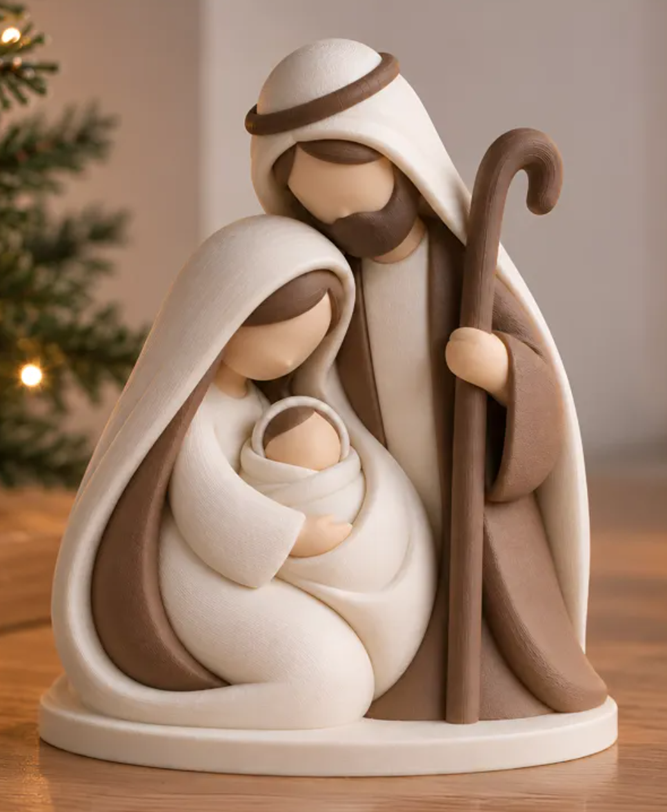 Modern neutral-toned 3D printed nativity scene with Mary, Joseph and baby Jesus