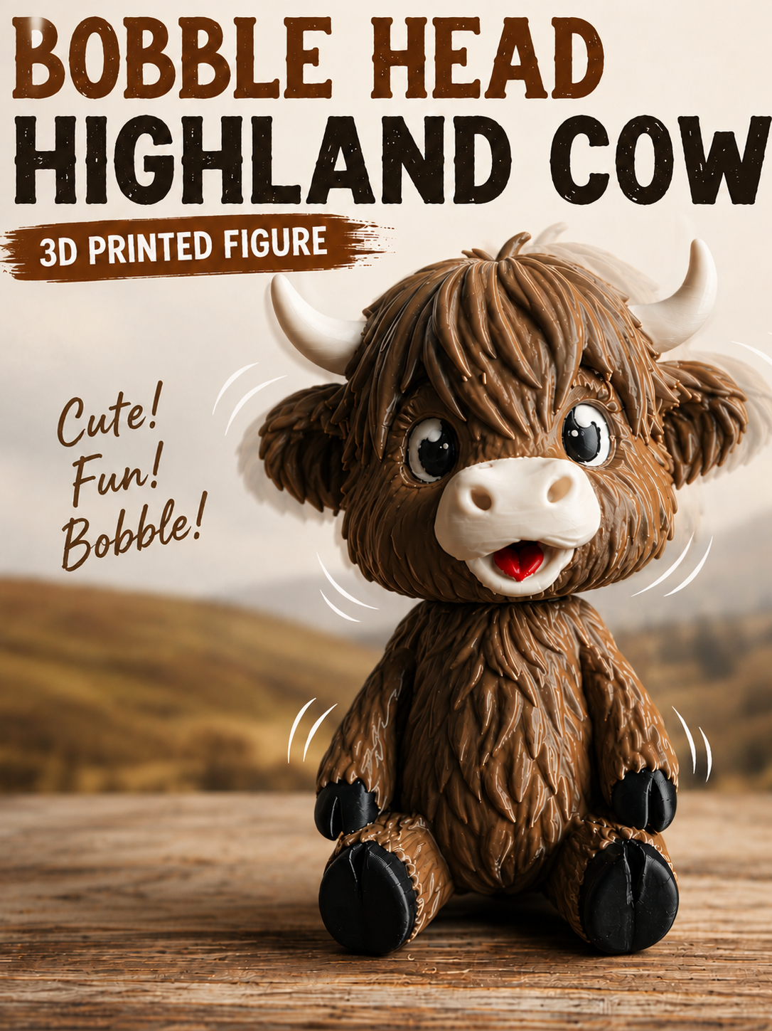 Highland Cow Bobble Head | 3D Printed Desk Figure
