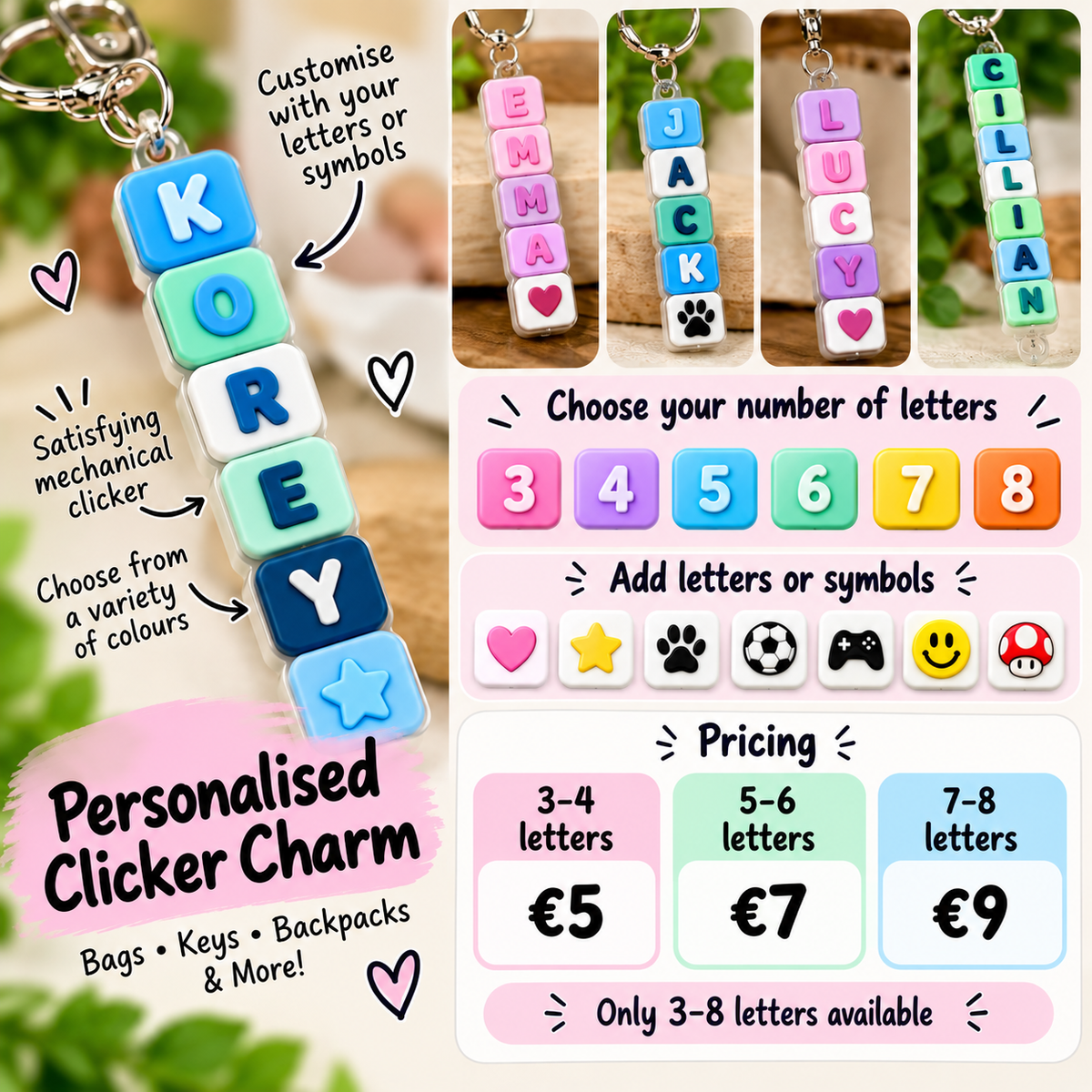 Personalised Clicker Charm | Custom 3D Printed Bag & Key Charm