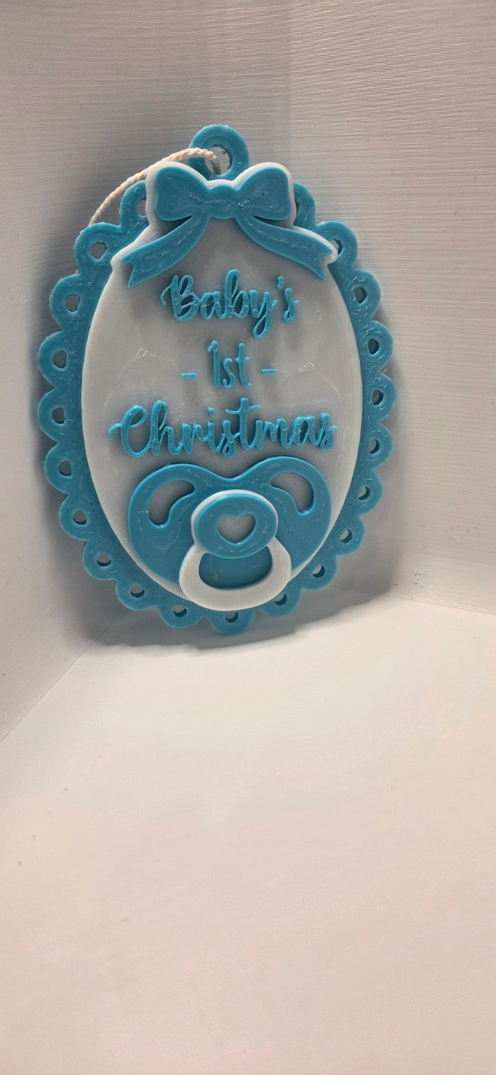 Blue Baby's First Christmas oval dummy and bow decoration
