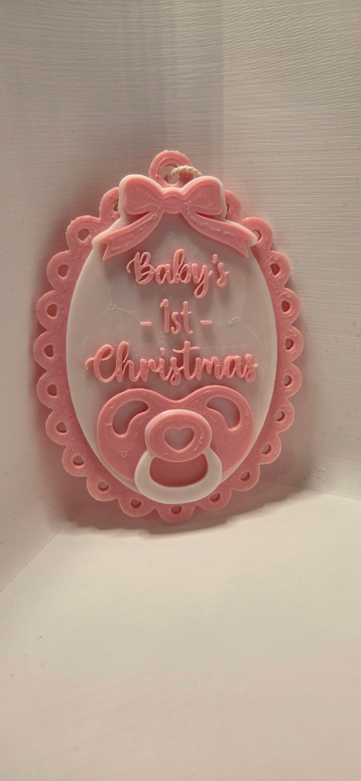Pink Baby's First Christmas oval dummy and bow decoration