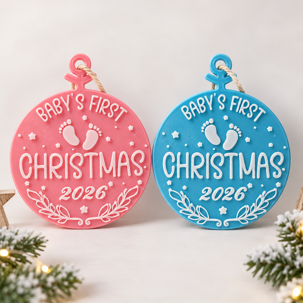 Baby's First Christmas 2026 round decorations in pink and blue