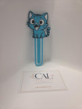 Blue cartoon cat bookmark, front view with CalCreations branding