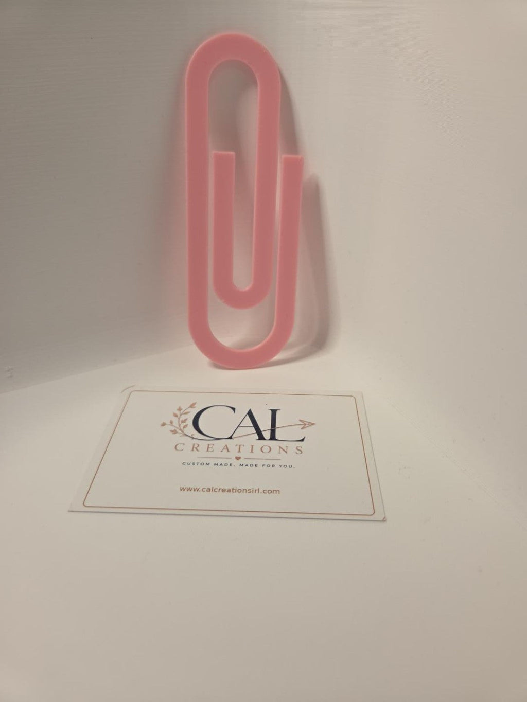 Giant paperclip bookmark in pink with CalCreations business card