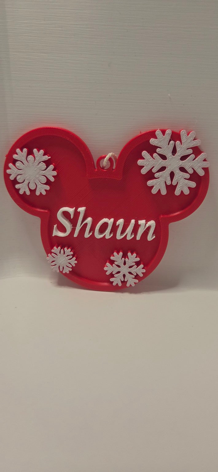 Personalised red and white Christmas mouse ears decoration with snowflakes